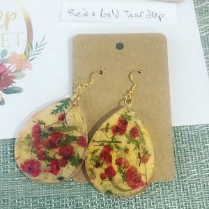 - #103r Red and Gold Handmade Pressed Flower Tear Drop Earrings